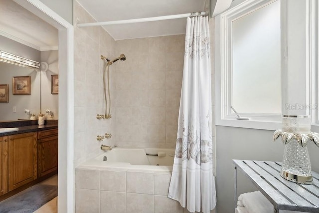 bathroom with vanity and shower / bathtub combination with curtain