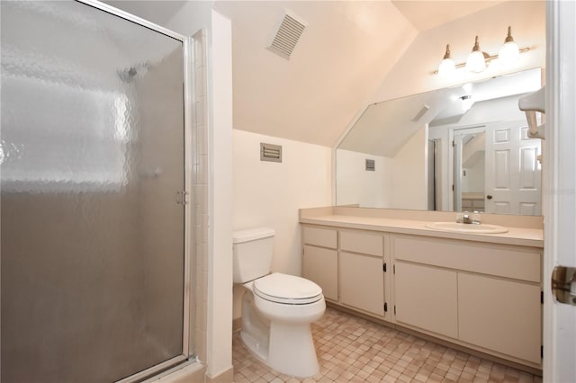 bathroom with vanity, a shower with shower door, vaulted ceiling, and toilet