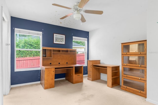 office area with carpet flooring and ceiling fan