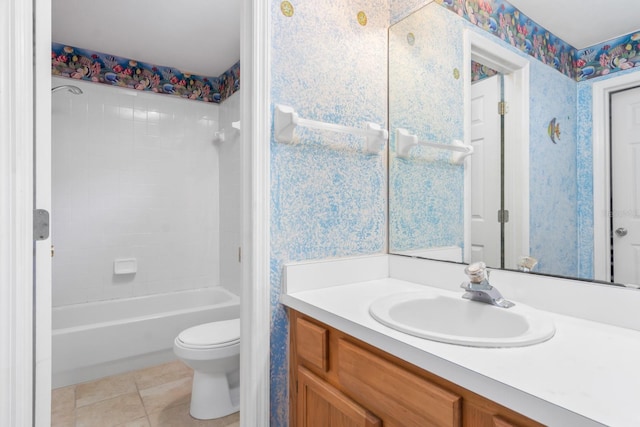 full bathroom with shower / bath combination, vanity, toilet, and tile floors