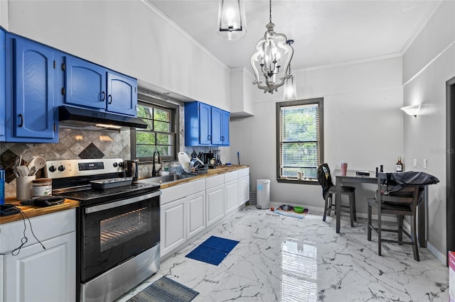 kitchen featuring backsplash, blue cabinets, stainless steel range with electric cooktop, and wooden counters