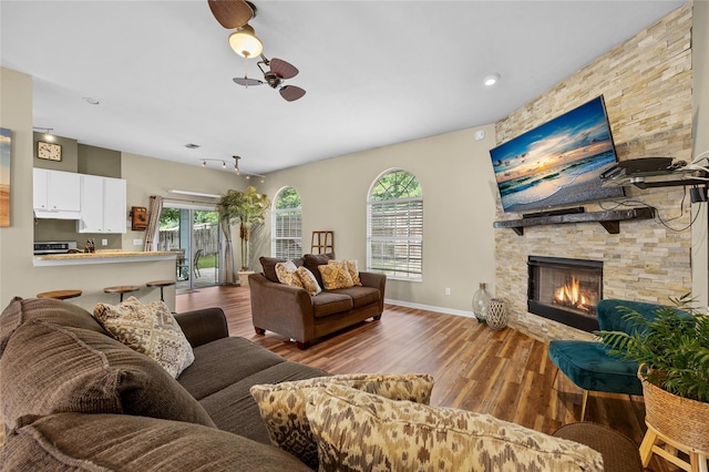 living room featuring a fireplace, wood-type flooring, and ceiling fan