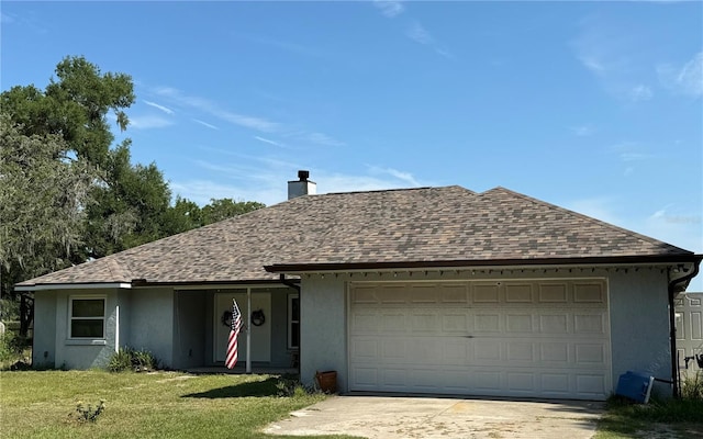 ranch-style house with stucco siding, a front lawn, a shingled roof, and a garage