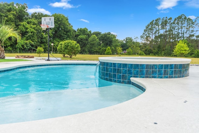 view of pool featuring pool water feature