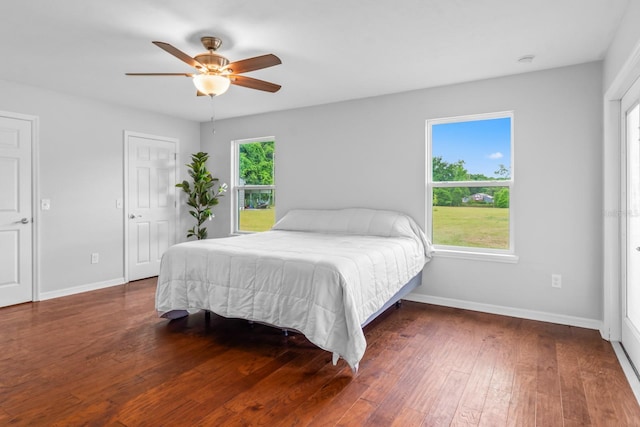 bedroom with multiple windows, dark hardwood / wood-style floors, and ceiling fan