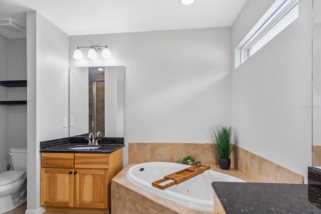 bathroom with vanity, tiled bath, and toilet