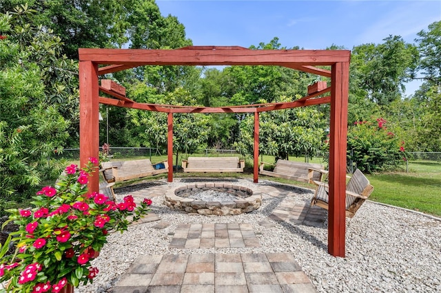 view of patio / terrace with a fire pit and fence
