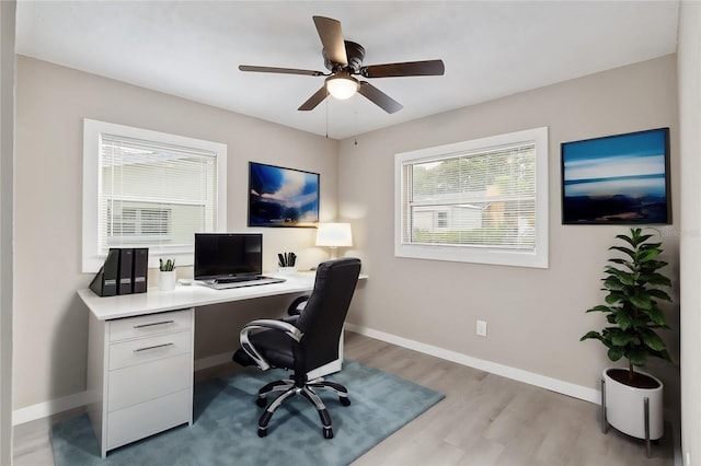 home office with ceiling fan and light hardwood / wood-style floors