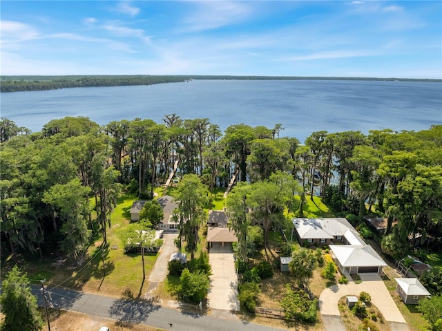 drone / aerial view with a water view