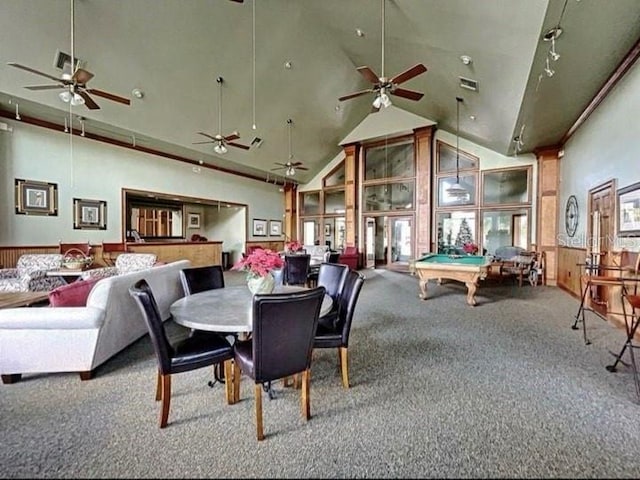 dining room featuring billiards, high vaulted ceiling, and carpet