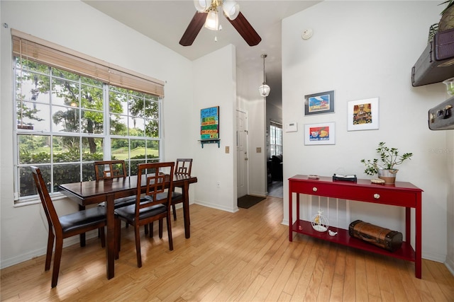 dining space with ceiling fan and light wood-type flooring