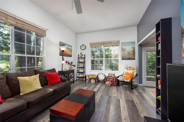 living room with hardwood / wood-style flooring and ceiling fan