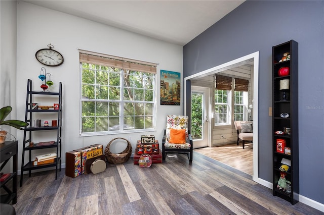 sitting room featuring plenty of natural light and dark wood-type flooring