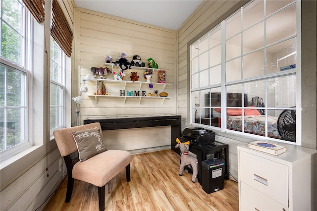 living area featuring wooden walls and light hardwood / wood-style flooring