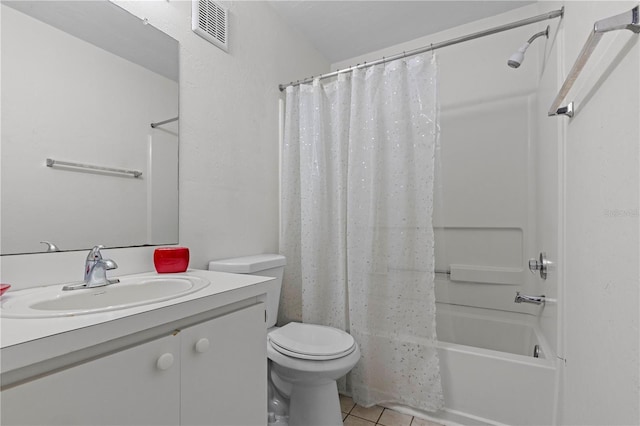 full bathroom featuring tile patterned floors, vanity, toilet, and shower / bathtub combination with curtain