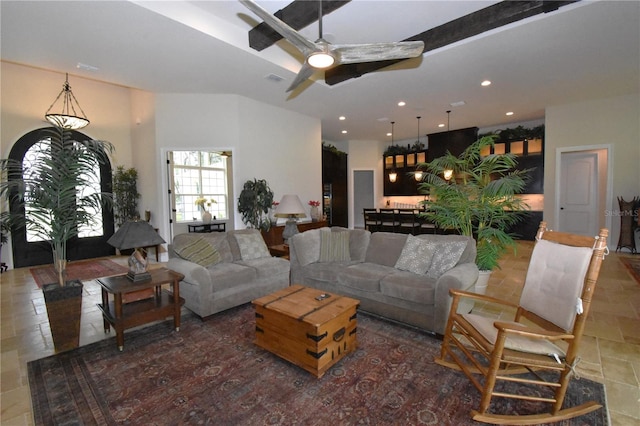 living room featuring ceiling fan