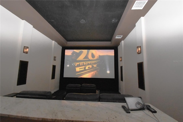 cinema room featuring a raised ceiling