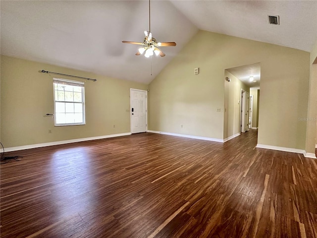 unfurnished living room featuring ceiling fan, high vaulted ceiling, and dark hardwood / wood-style flooring