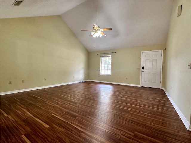 unfurnished living room featuring dark hardwood / wood-style flooring, high vaulted ceiling, and ceiling fan