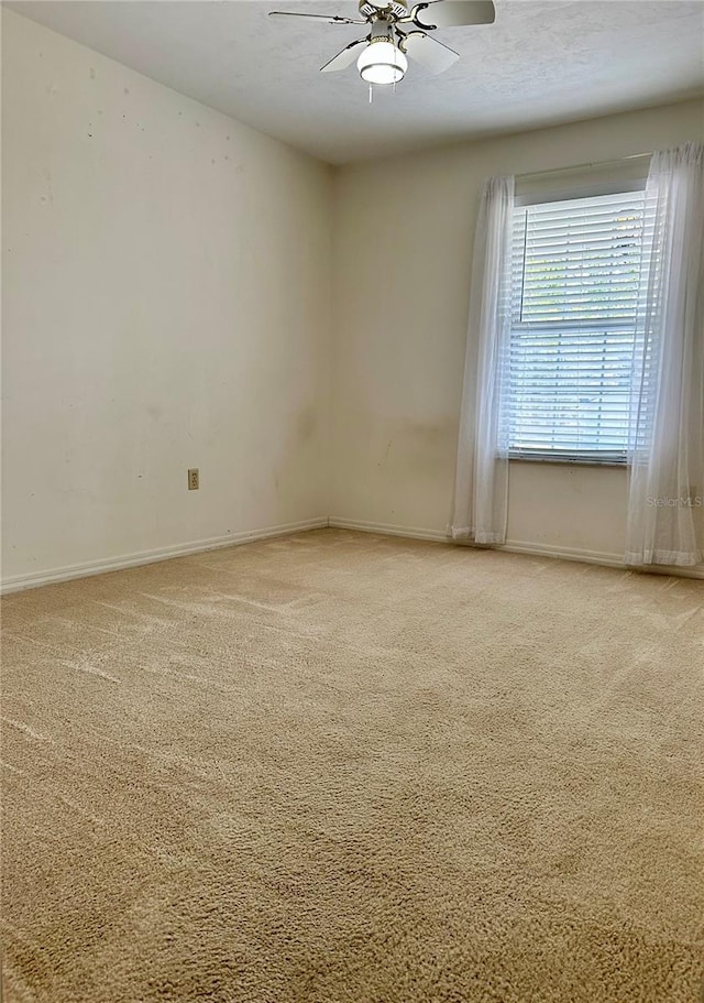 spare room featuring ceiling fan and light carpet