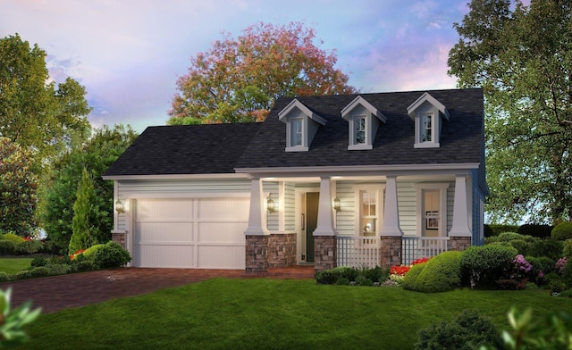 cape cod-style house with a garage, covered porch, and a lawn