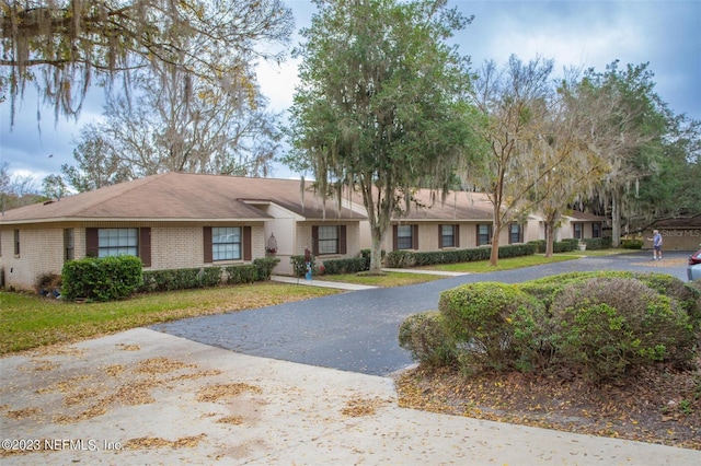 single story home featuring driveway, a front lawn, and brick siding