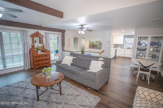 living room with ceiling fan, beam ceiling, and dark wood-type flooring