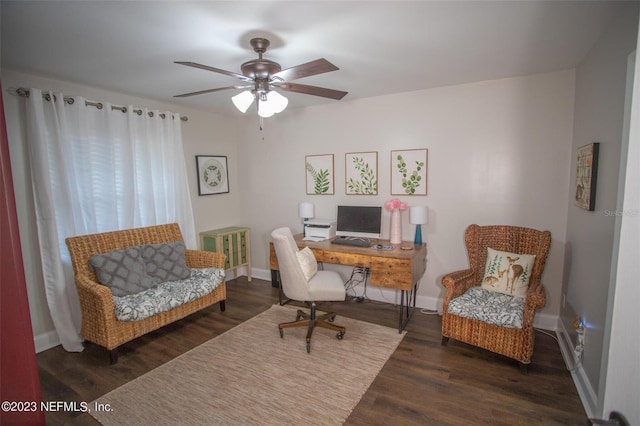 office area featuring dark wood-style floors, ceiling fan, and baseboards