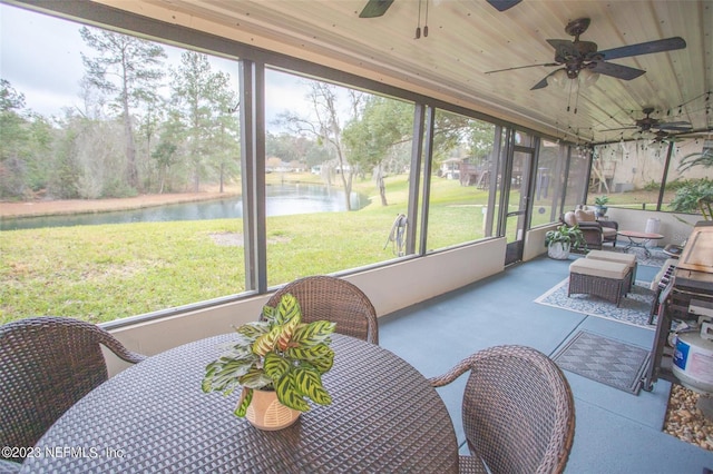 sunroom / solarium featuring a water view, a healthy amount of sunlight, ceiling fan, and wooden ceiling