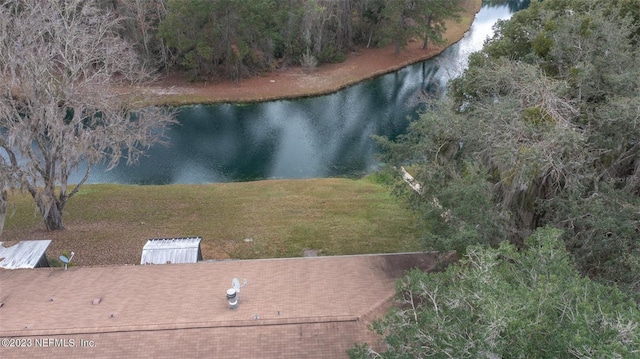 drone / aerial view with a water view