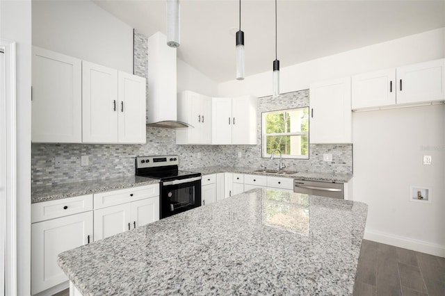 kitchen with pendant lighting, sink, dishwasher, white cabinetry, and electric range