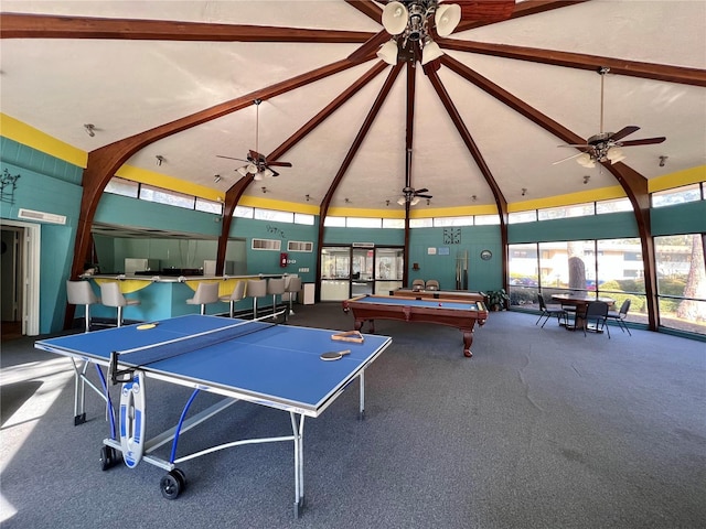 recreation room with beamed ceiling, carpet floors, high vaulted ceiling, and pool table