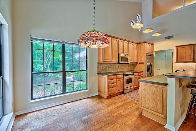 kitchen with light hardwood / wood-style floors, high vaulted ceiling, decorative light fixtures, and stainless steel appliances