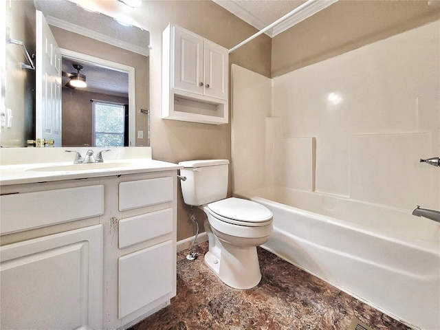 full bathroom with crown molding, a textured ceiling, toilet, shower / washtub combination, and vanity