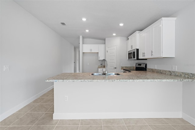 kitchen featuring kitchen peninsula, stainless steel appliances, white cabinets, and sink