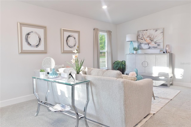 living room featuring light colored carpet