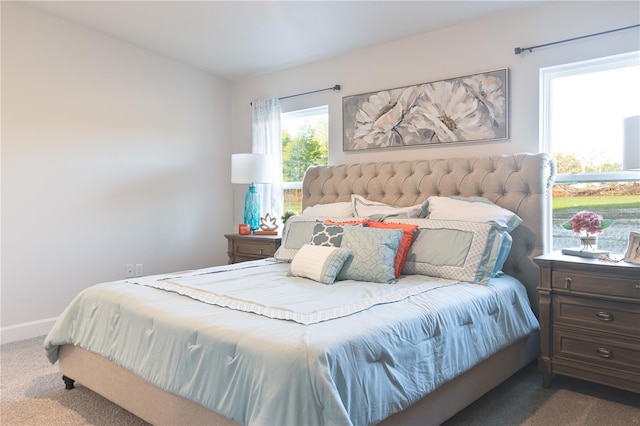 bedroom featuring dark carpet