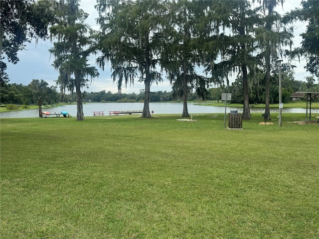 view of community with a lawn and a water view