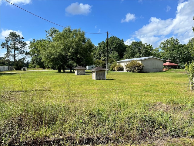 view of yard featuring a storage unit