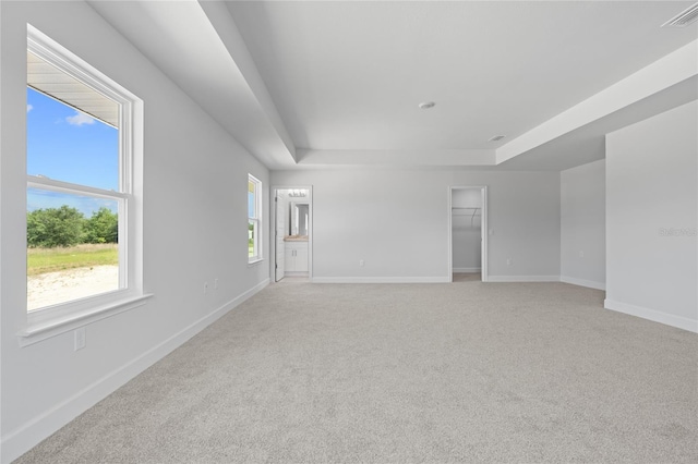 unfurnished room featuring light carpet and a tray ceiling