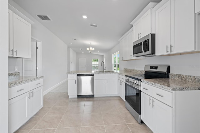 kitchen with white cabinets, kitchen peninsula, sink, and appliances with stainless steel finishes