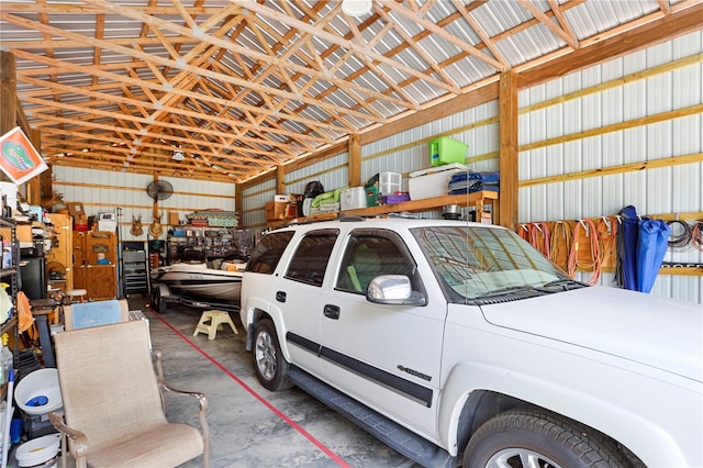 garage with a workshop area