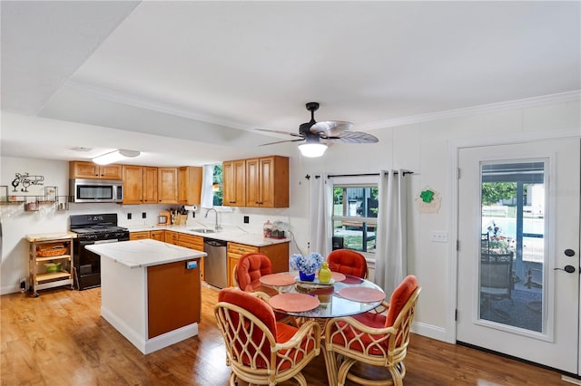 kitchen with a center island, light hardwood / wood-style floors, sink, and appliances with stainless steel finishes