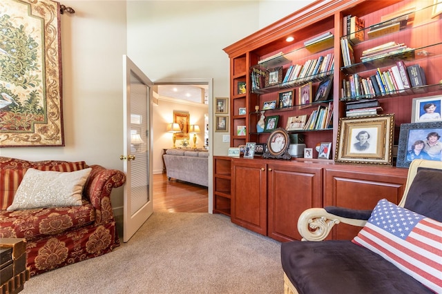 living area with light colored carpet and ornamental molding