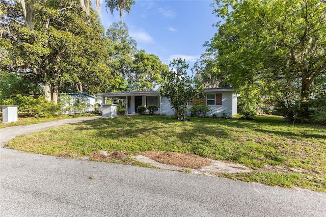 ranch-style house featuring driveway, a carport, and a front yard