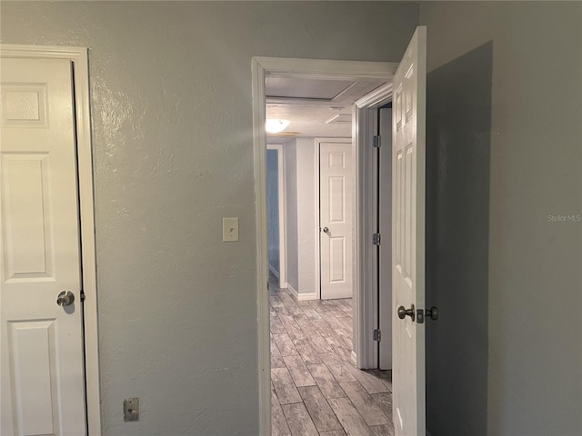 hallway with wood tiled floor and a textured wall