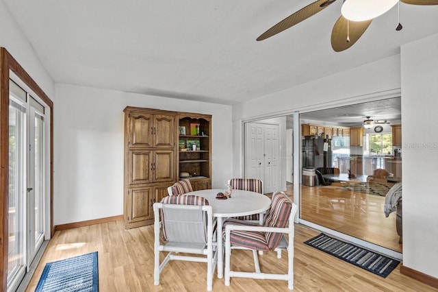 dining area with ceiling fan and light wood-type flooring