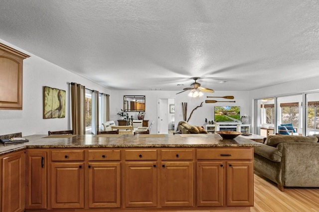 kitchen featuring ceiling fan, light hardwood / wood-style flooring, and a textured ceiling