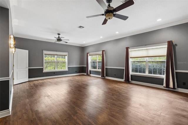 unfurnished living room with ceiling fan, ornamental molding, and wood-type flooring