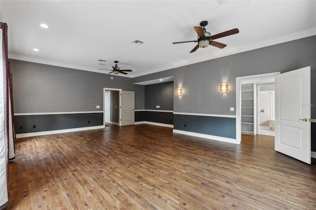 unfurnished room with crown molding, ceiling fan, and hardwood / wood-style floors